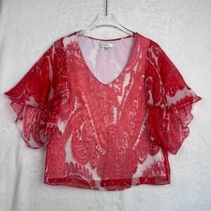 Milly Red Paisley Print Ruffle Sleeve V Neck Blouse Top Size 2